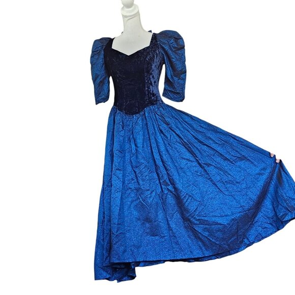 Vintage 80s Small Metallic Blue Velvet Puff Sleeve Gown‎ Dress Open Back - Picture 1 of 12